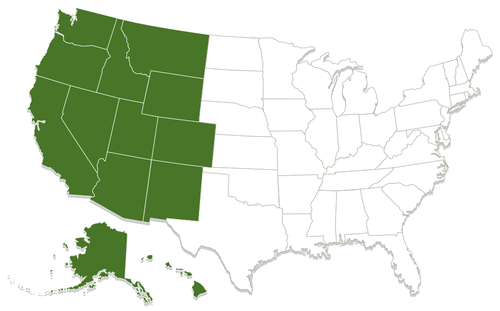 Map highlighting western United States region green Map highlighting western United States region green